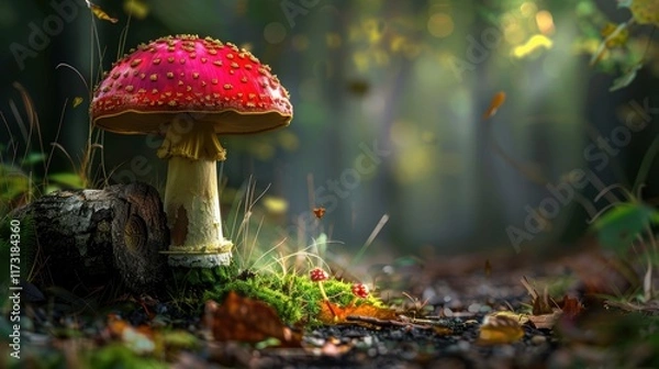 Fototapeta Mushroom on a serene background, beautiful outdoor specimen. Background placid, mushroom marked.