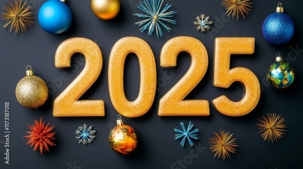 Fototapeta This vibrant image showcases the number '2025' with bright orange glitter, surrounded by festive decorations, exuding a joyful atmosphere for the New Year.