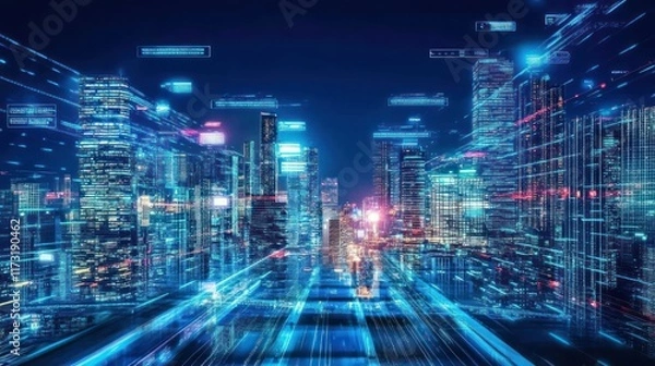 Fototapeta Futuristic Cityscape: Digital Metropolis at Night