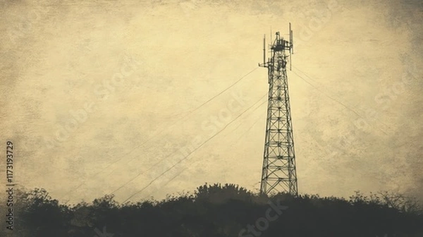 Fototapeta Vintage radio tower broadcasting signal, representing communication