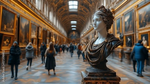 Fototapeta Marble bust in art gallery hallway.