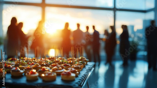 Obraz Elegant appetizers at business event with sunset backdrop