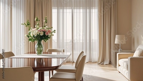Obraz A Sleek and Modern Home Living Room Interior Featuring Contemporary Furniture, Clean Lines, Neutral Tones, and Strategic Lighting, Creating a Chic and Inviting Space
