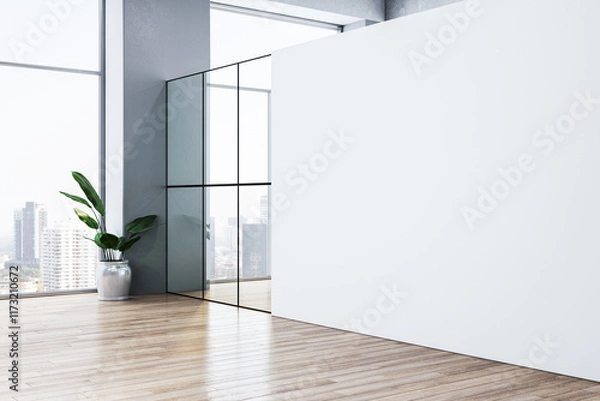 Obraz Modern interior space with white wall, glass partition, wooden floor, and city view through large windows. 3D Rendering