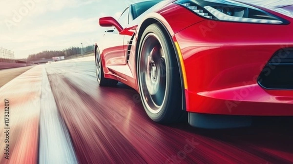 Fototapeta Red sports car racing at high speed on a drag strip, showcasing the thrill of competition and the pursuit of performance excellence.