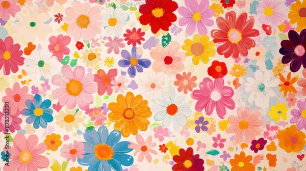 Fototapeta Floral Fiesta: A vibrant explosion of colorful hand-painted flowers creates a cheerful and joyful background. Perfect for adding a touch of whimsy and spring to your designs. 
