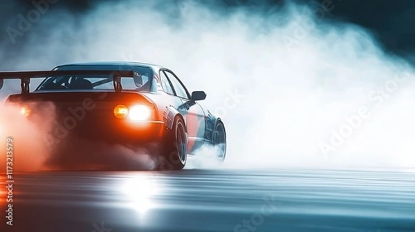 Fototapeta Car drifting, Blurred of image diffusion race drift car with lots of smoke from burning tires on speed track