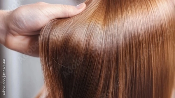 Fototapeta Master barber shows healthy texture of client hair after restoration, nutrition and dyeing procedure