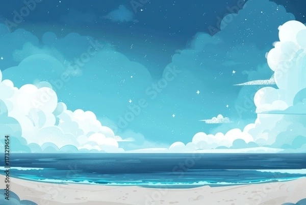 Obraz Blue Sky with White Clouds Over a Sandy Beach and Ocean