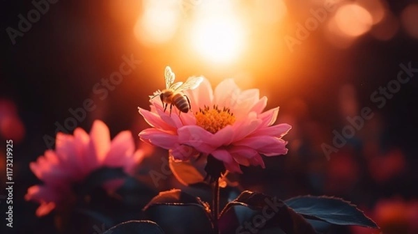 Fototapeta A bee pollinating a pink flower in a field at sunset.