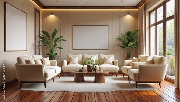 Fototapeta A Warm and Inviting Living Room Interior with Plush Furniture, Soft Lighting, Cozy Textiles, and Earthy Tones, Creating a Comfortable and Homely Atmosphere
