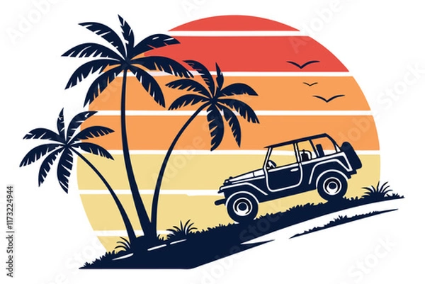 Fototapeta Off-roading vehicle and palm tree silhouettes on a retro vintage background with sunset-inspired colors, vibrant gradient hues, and a nostalgic, adventurous vibe; vector-style design perfect for T-shi