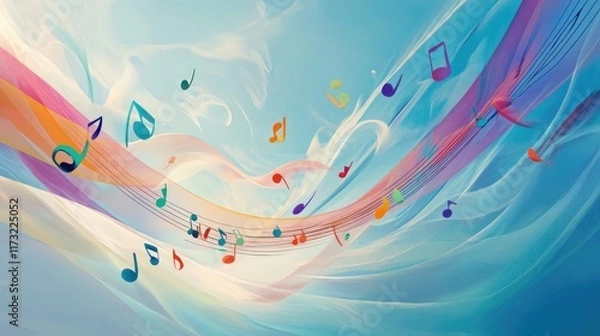 Fototapeta Abstract Music Notes Flowing Across a Colorful Sky Background