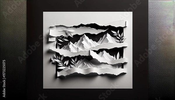 Obraz This image features a layered paper art composition depicting mountains and foliage. The torn paper edges create depth and texture, with intricate details of leaves.