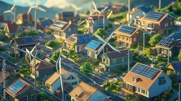 Fototapeta Sustainable Community with Solar Energy and Wind Turbines Landscape