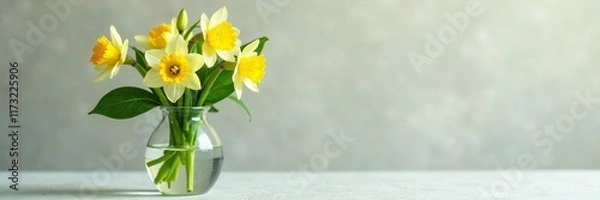 Fototapeta Small glass vase filled with Narcissus flowers and leaves, vase, spring, delicate