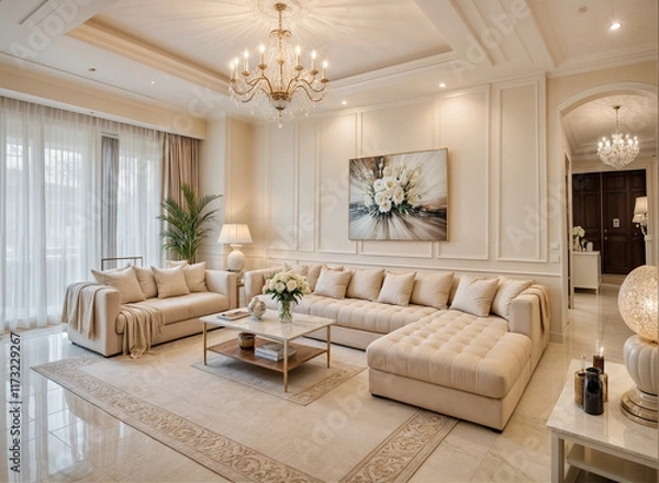 Fototapeta A close-up of a living room with a chandelier and a couch	
