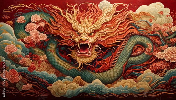 Obraz A fierce dragon painting features flowers and swirling clouds.