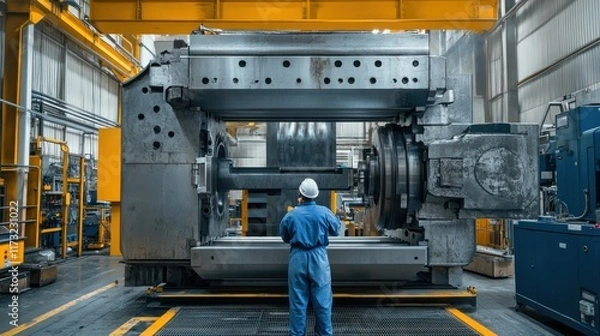 Fototapeta A worker observes large industrial machinery in a factory setting.