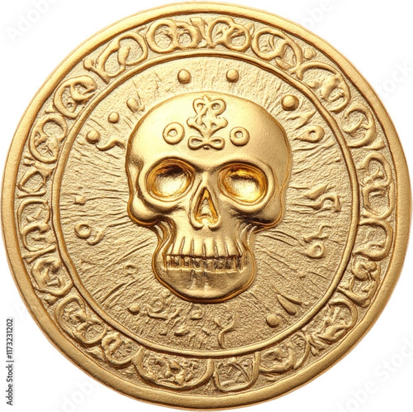Fototapeta A golden medallion featuring an intricately designed skull at its center, surrounded by ornate symbols and patterns. cut out.