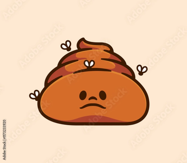 Fototapeta Cartoonish Sad Poop Emoji Surrounded by Flies - A Playful and Quirky Character Design