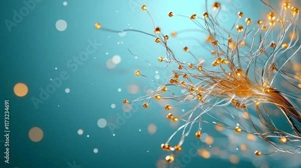 Fototapeta fiber optic and installation concept. Abstract golden branches with shimmering lights against a soft blue background.