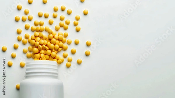 Fototapeta White bottle spills vibrant yellow pills in a clean, minimalist setting, showcasing a modern rustic aesthetic