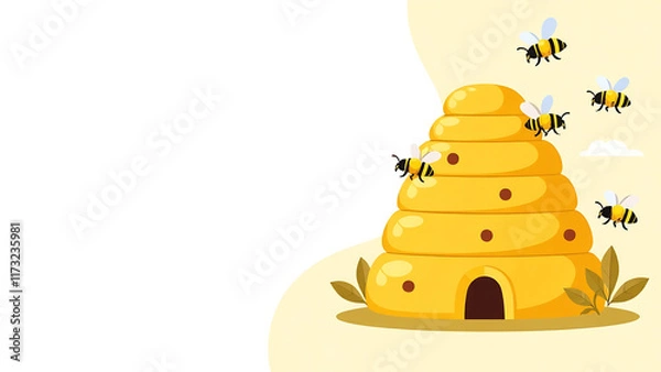 Fototapeta Banner Illustration yellow beehive with bees on the right on the white background, minimalistic, copy space for text. Bee day,