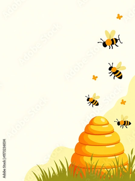 Fototapeta Banner Illustration yellow beehive with bees on the right on the white background, minimalistic, copy space for text. Bee day,