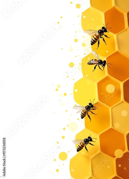 Fototapeta Banner Illustration yellow beehive with bees on the right on the white background, minimalistic, copy space for text. Bee day,