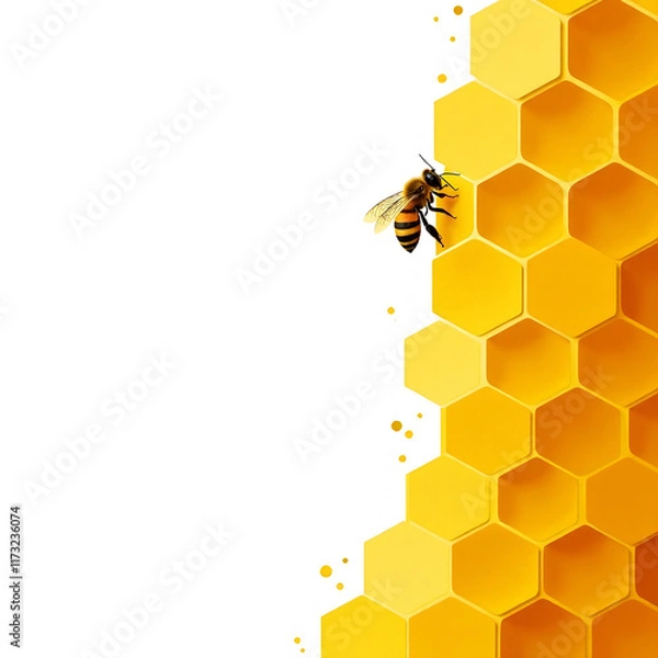 Fototapeta Banner Illustration yellow beehive with bees on the right on the white background, minimalistic, copy space for text. Bee day,