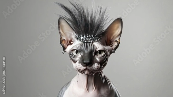 Fototapeta Sphynx cat with a punk-style mohawk and piercings, showcasing feline elegance with a rebellious attitude