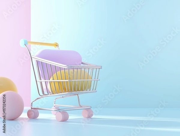 Fototapeta Shopping Cart Colorful shopping cart with pastel-colored spheres.