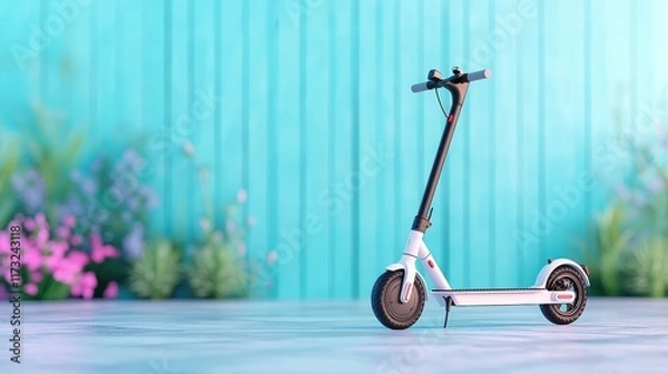 Fototapeta Modern Electric Scooter on Bright Background with Colorful Plants and Flowers