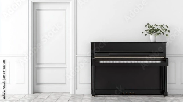 Fototapeta Black piano in minimalist white room.