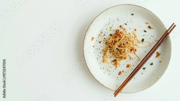 Fototapeta A dirty plate with leftover fried noodles and chopsticks resting on the side, isolated on a white background, symbolizing a finished meal.
