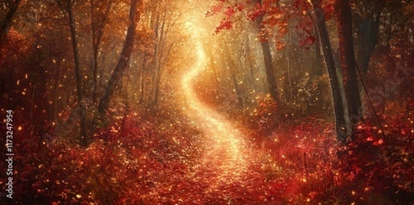 Fototapeta Autumn Path Magical Forest Scene With Glowing Lights