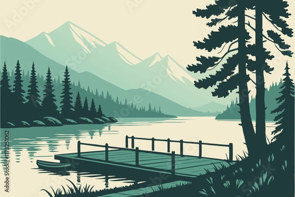 Obraz Quiet Lakeside Dock A wooden dock extending over a still lake, surrounded by dense forest and mountains in the background. The style is tranquil and minimalist, with a cool palette of greens, blues, a