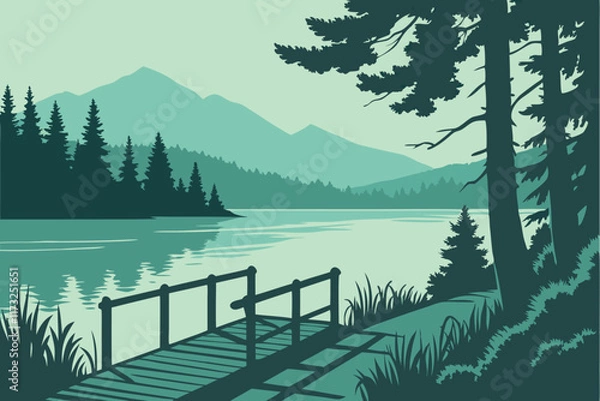 Obraz Quiet Lakeside Dock A wooden dock extending over a still lake, surrounded by dense forest and mountains in the background. The style is tranquil and minimalist, with a cool palette of greens, blues, a