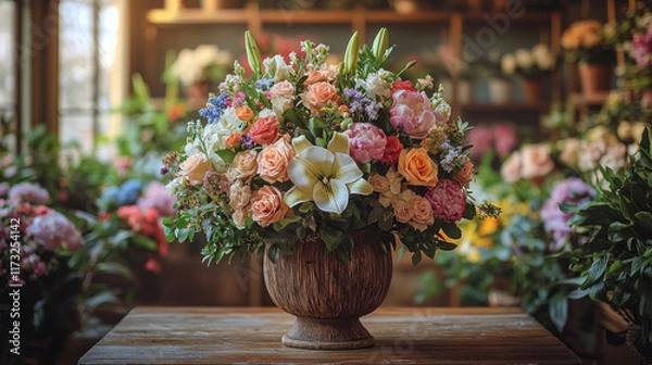 Fototapeta Colorful flower arrangement in wooden vase on table in flower shop with blurred background