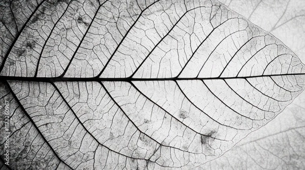 Fototapeta Close-up of a leaf showcasing intricate vein patterns in monochrome.