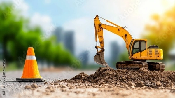 Fototapeta fiber optic and installation concept. Construction scene featuring an excavator and traffic cone at a worksite.