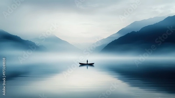 Fototapeta A man is in a boat on a lake surrounded by mountains. The sky is cloudy and the water is calm. The scene is peaceful and serene, with the man enjoying the quietness of the lake