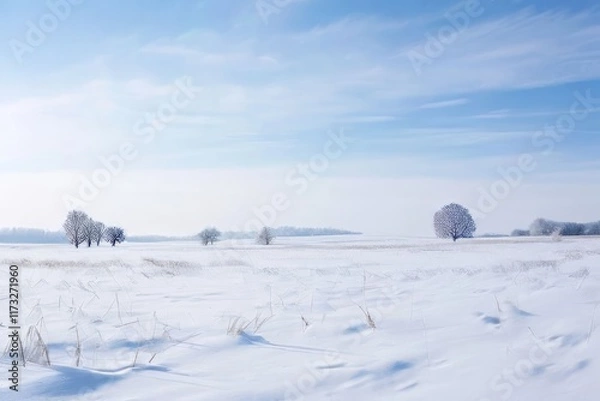 Obraz snowy field a wide open field covered in snow with a few trees d