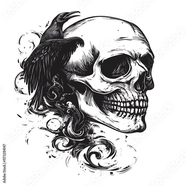 Fototapeta Skull with raven perched on top.