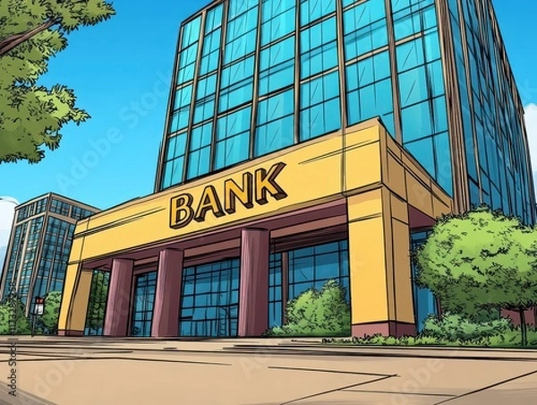 Fototapeta Modern bank building designed in a cartoon style with a bright yellow facade and large glass windows located in a vibrant urban setting