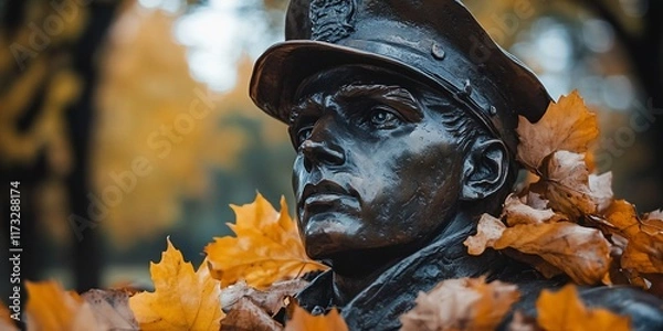 Fototapeta Close-up of a bronze statue of a man in a military uniform with fallen autumn leaves in the foreground.
