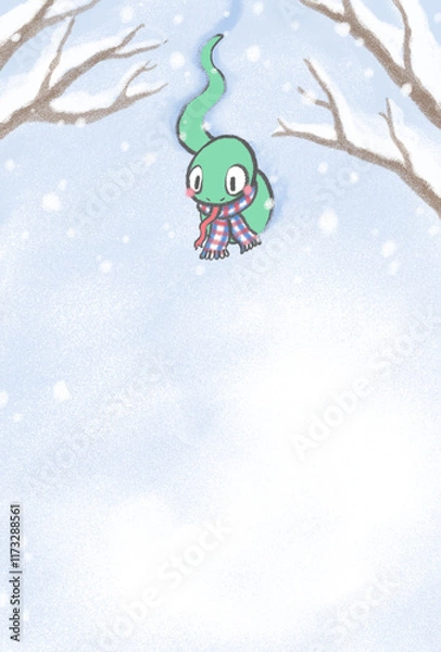 Obraz 雪の中を歩くマフラーをした緑色のヘビ