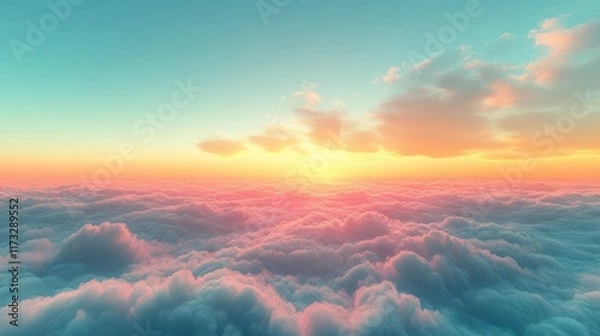 Fototapeta Vibrant soft gradients blend in a breathtaking sky above the clouds at sunset, showcasing shades of teal, pink, and orange as day transitions to night