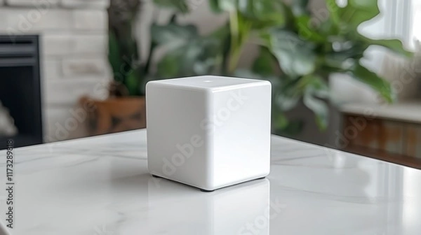 Fototapeta White cube object on marble table.